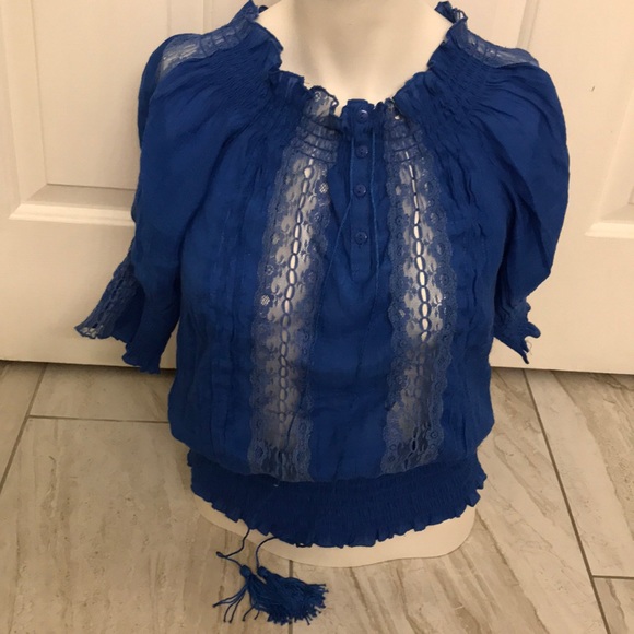 Blue Off Shoulder Boho Style Top size S - Picture 2 of 4